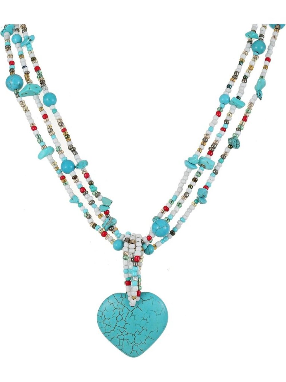 Bohemian Multi-Strand Turquoise Heart Pendant Necklace, Colorful Layered